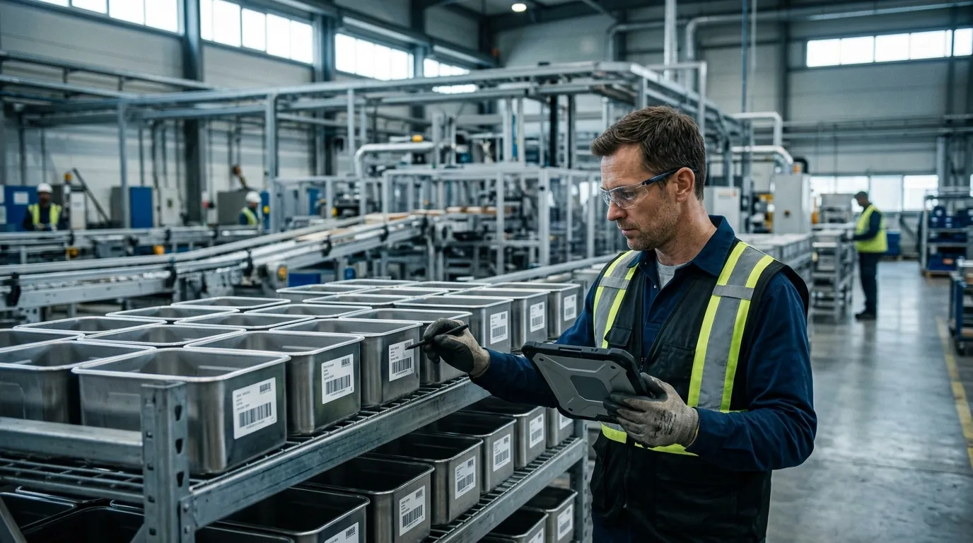 Gestor industrial verifica controle de rastreabilidade na linha de produção com tablet corporativo.