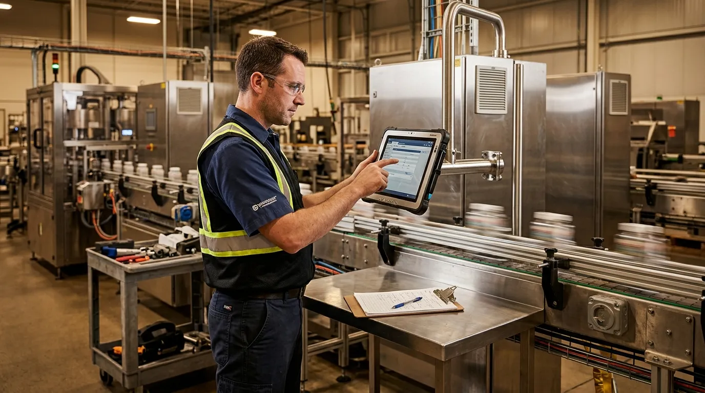 Gestor analisa planilha de apontamento de produção impressa no chão de fábrica industrial.
